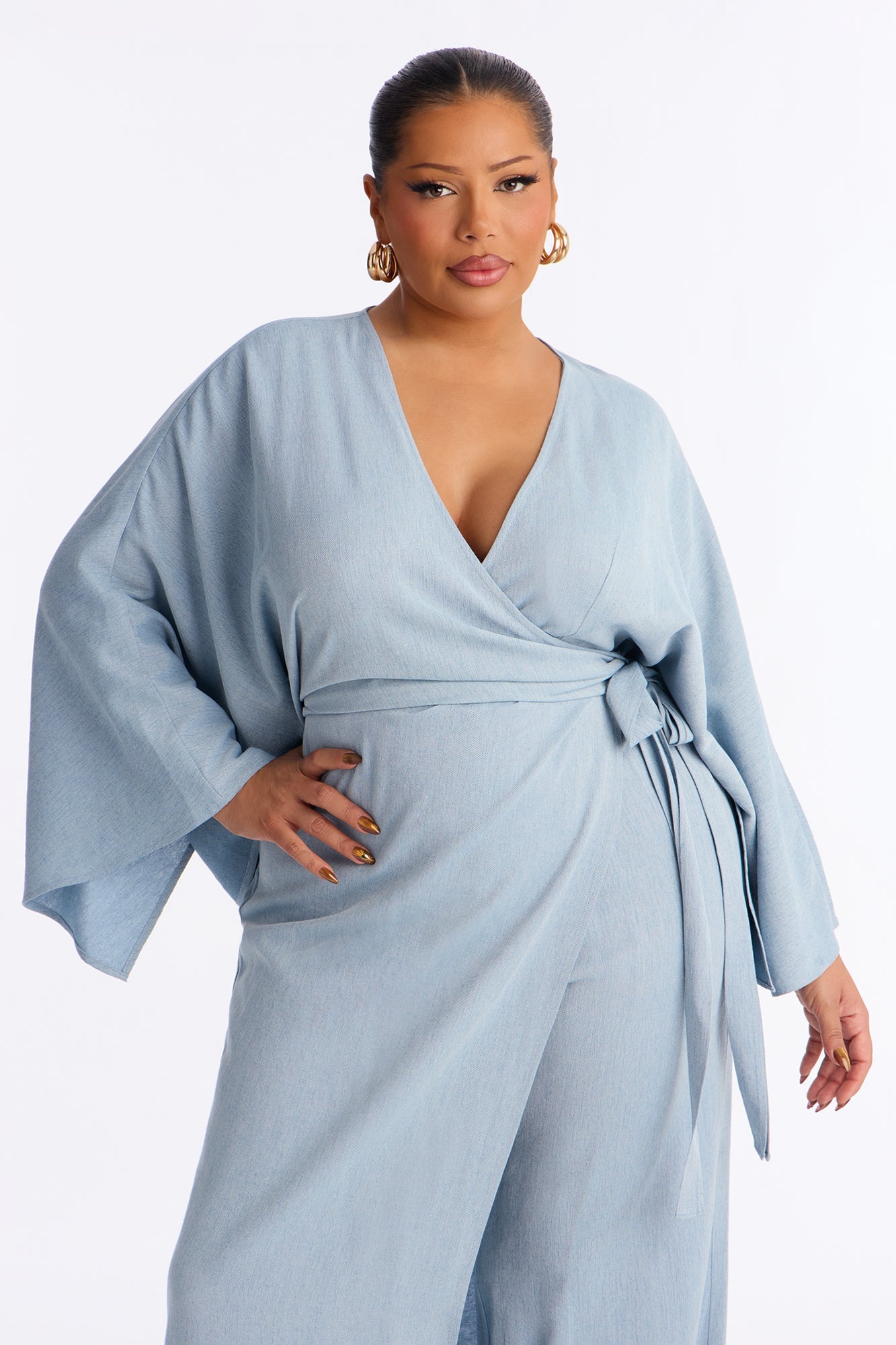Shantal Long Sleeve Wrap Wide Leg Jumpsuit - Blue