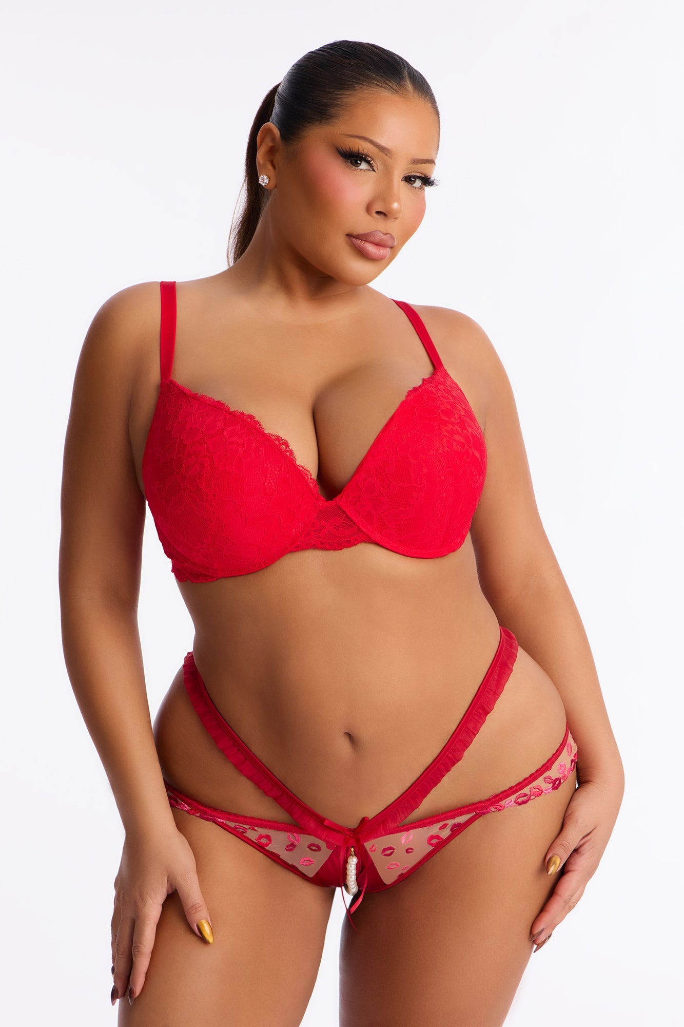 Leave Your Mark Embroidered Pearl Crotchless Panty - Red