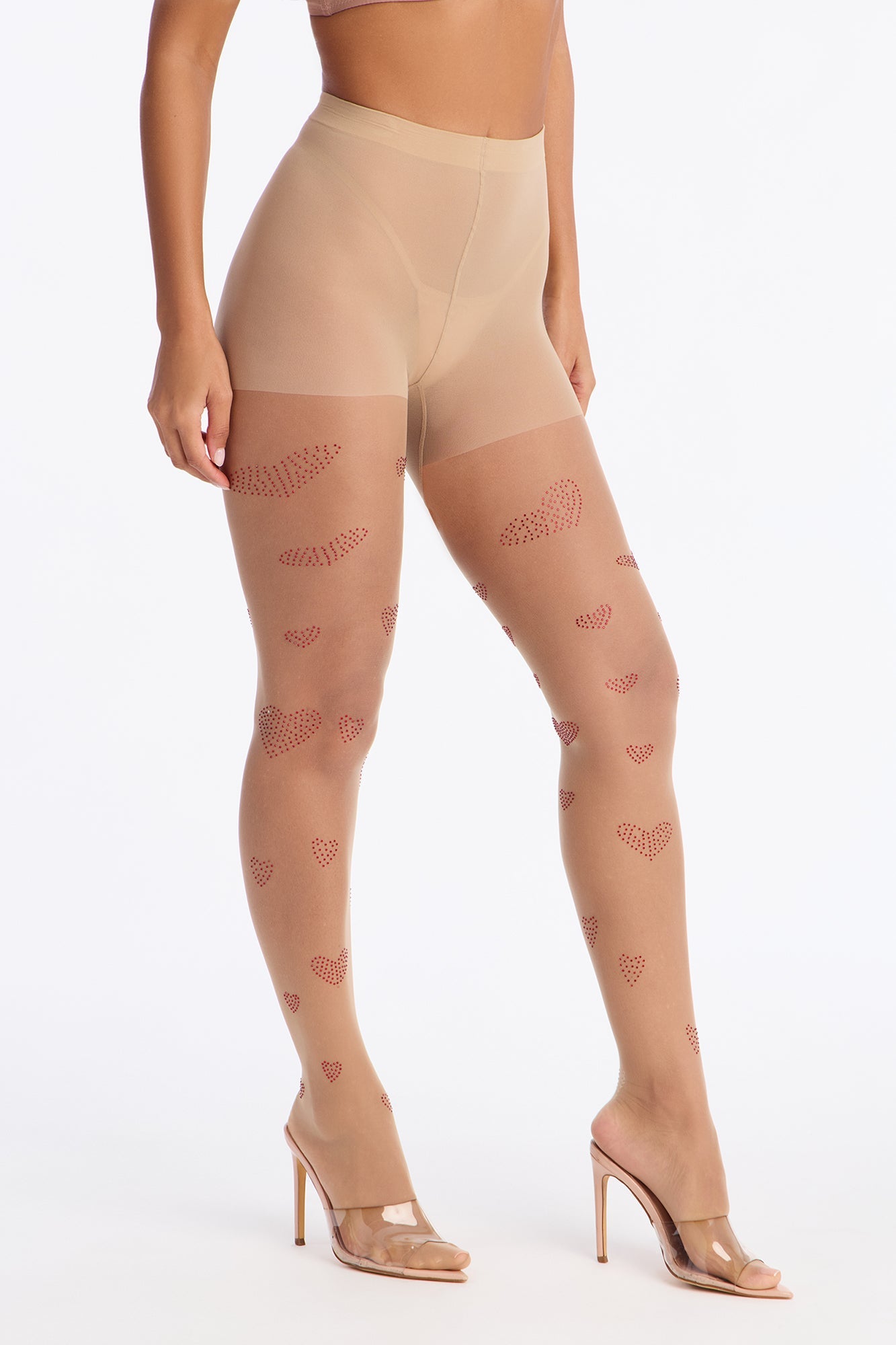 Heart Me Down Sheer Rhinestone Heart Tights - Nude