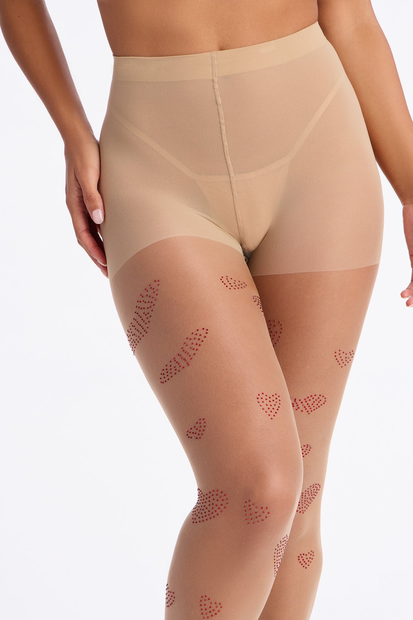 Heart Me Down Sheer Rhinestone Heart Tights - Nude