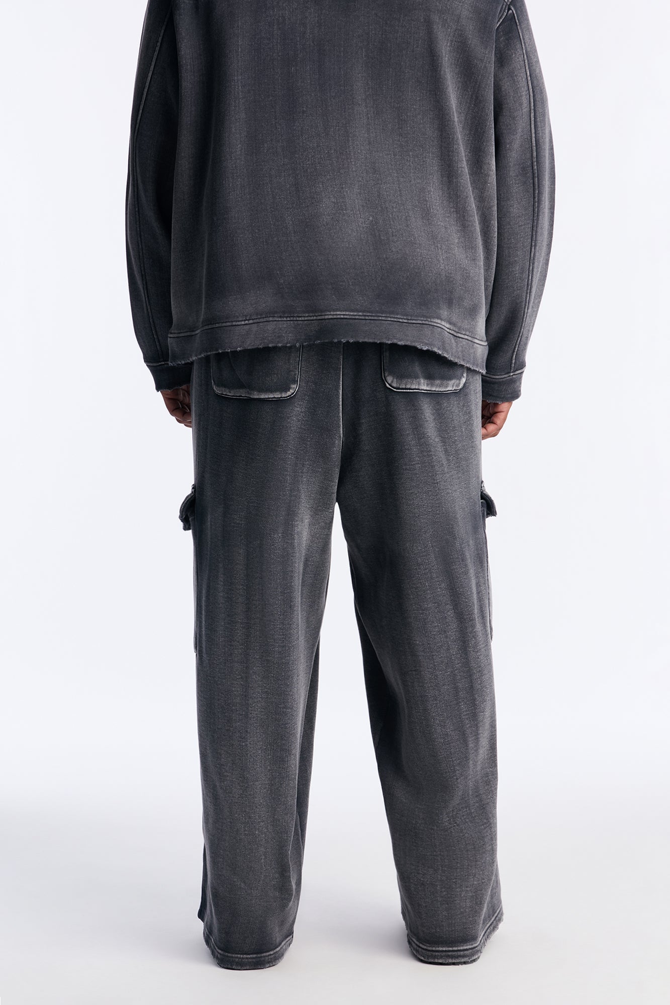 Heavy Wash Baggy Fleece Cargo Pants - Black Wash