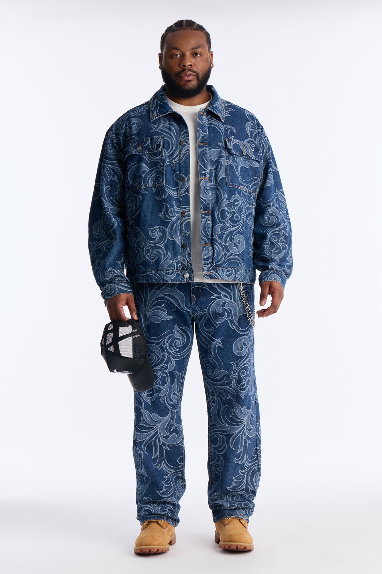 Relaxed Cropped Baroque Jacquard Denim Jacket - Medium Blue Wash