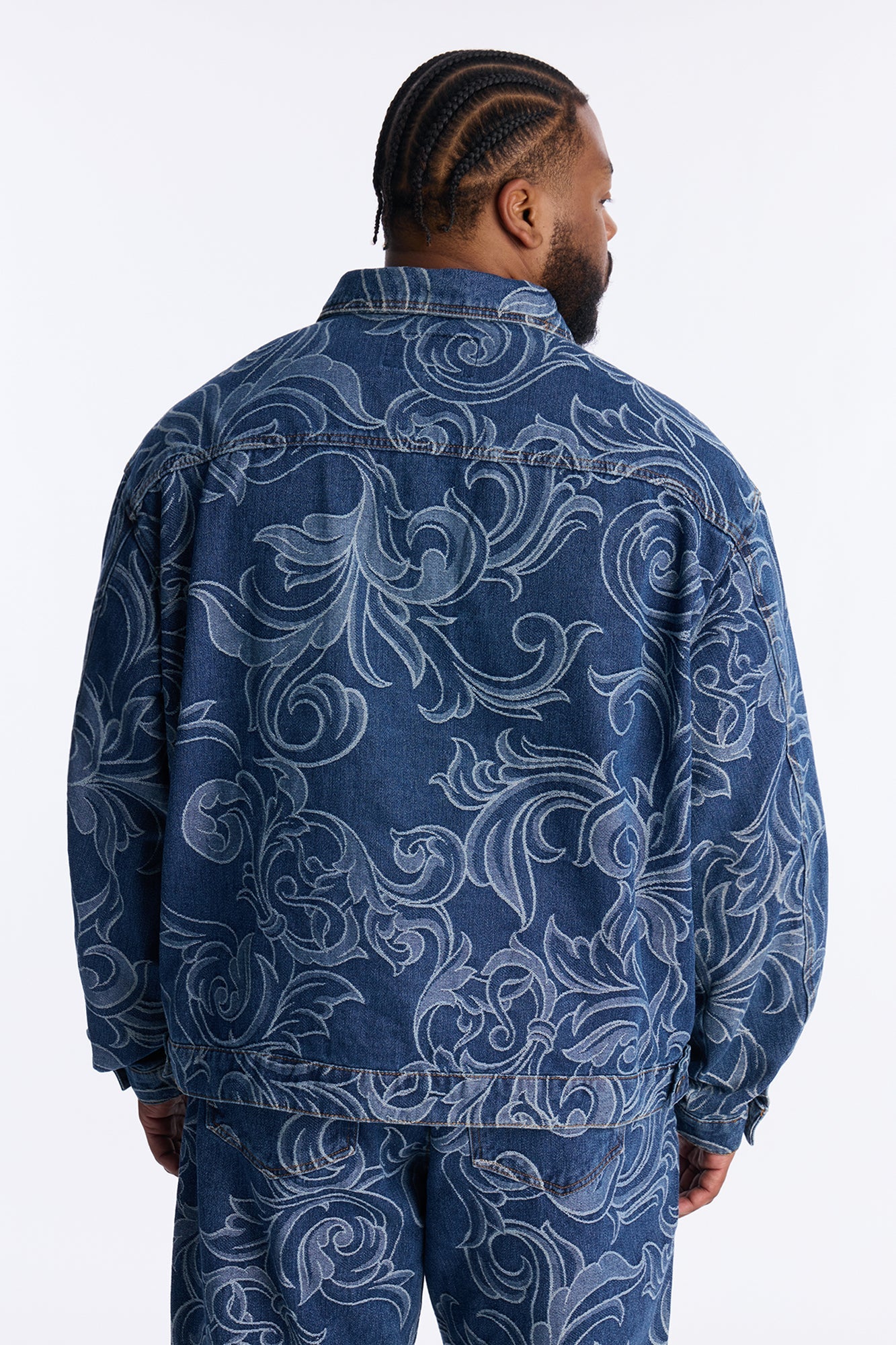 Relaxed Cropped Baroque Jacquard Denim Jacket - Medium Blue Wash