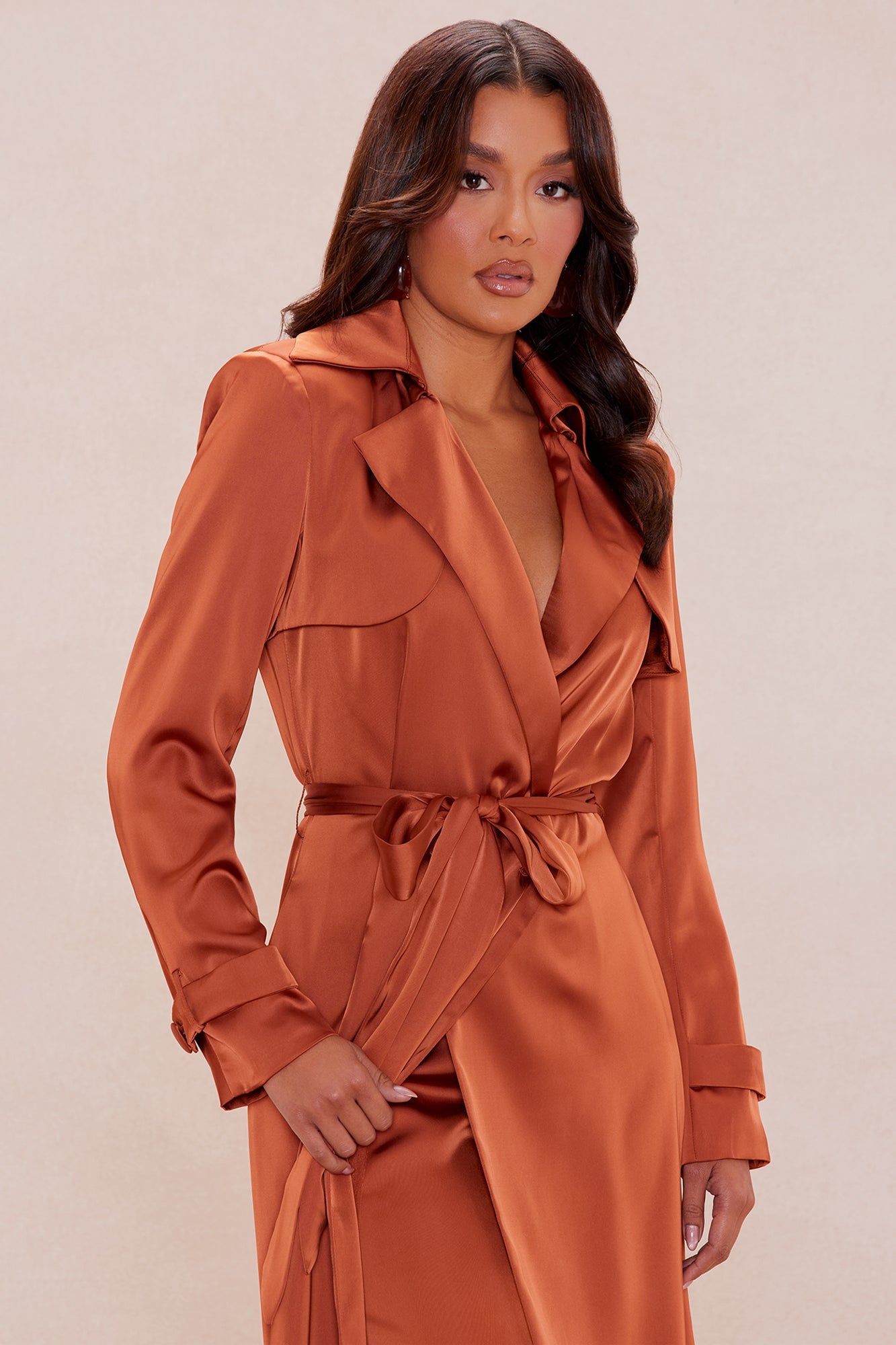 Gabriella Satin Trench Coat And Pant Set - Rust