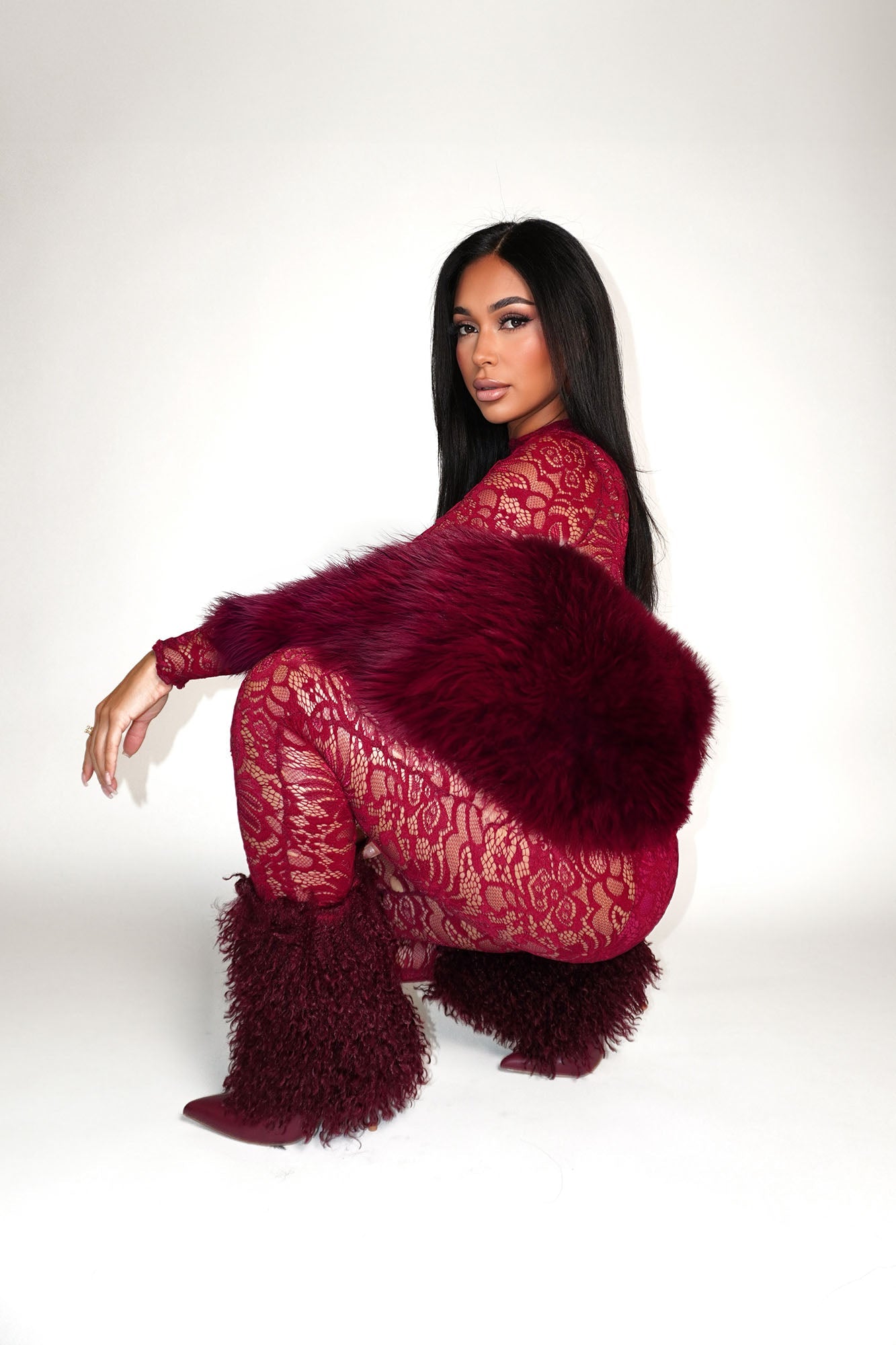 Greer Faux Fur Stiletto Booties - Wine