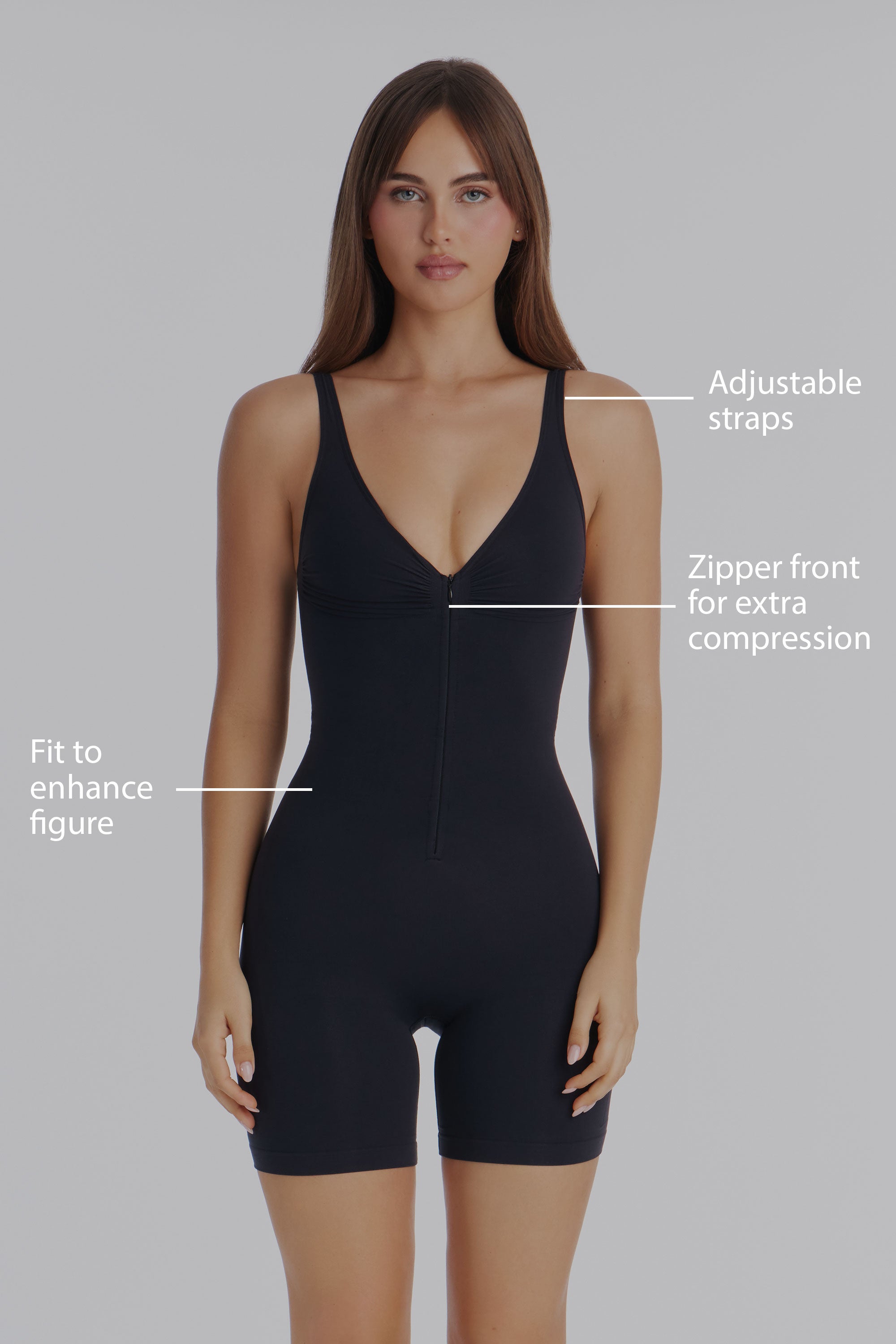 Nova Sculpt Seamless Strong Compression Zip Front Thigh Shaping Bodysuit - Black