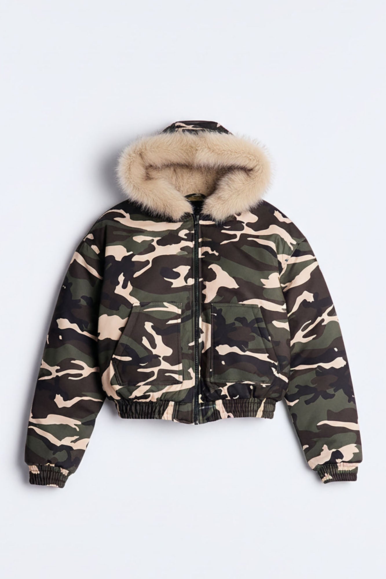 Faux Fur Hooded Zip Up Hoodie - Camouflage