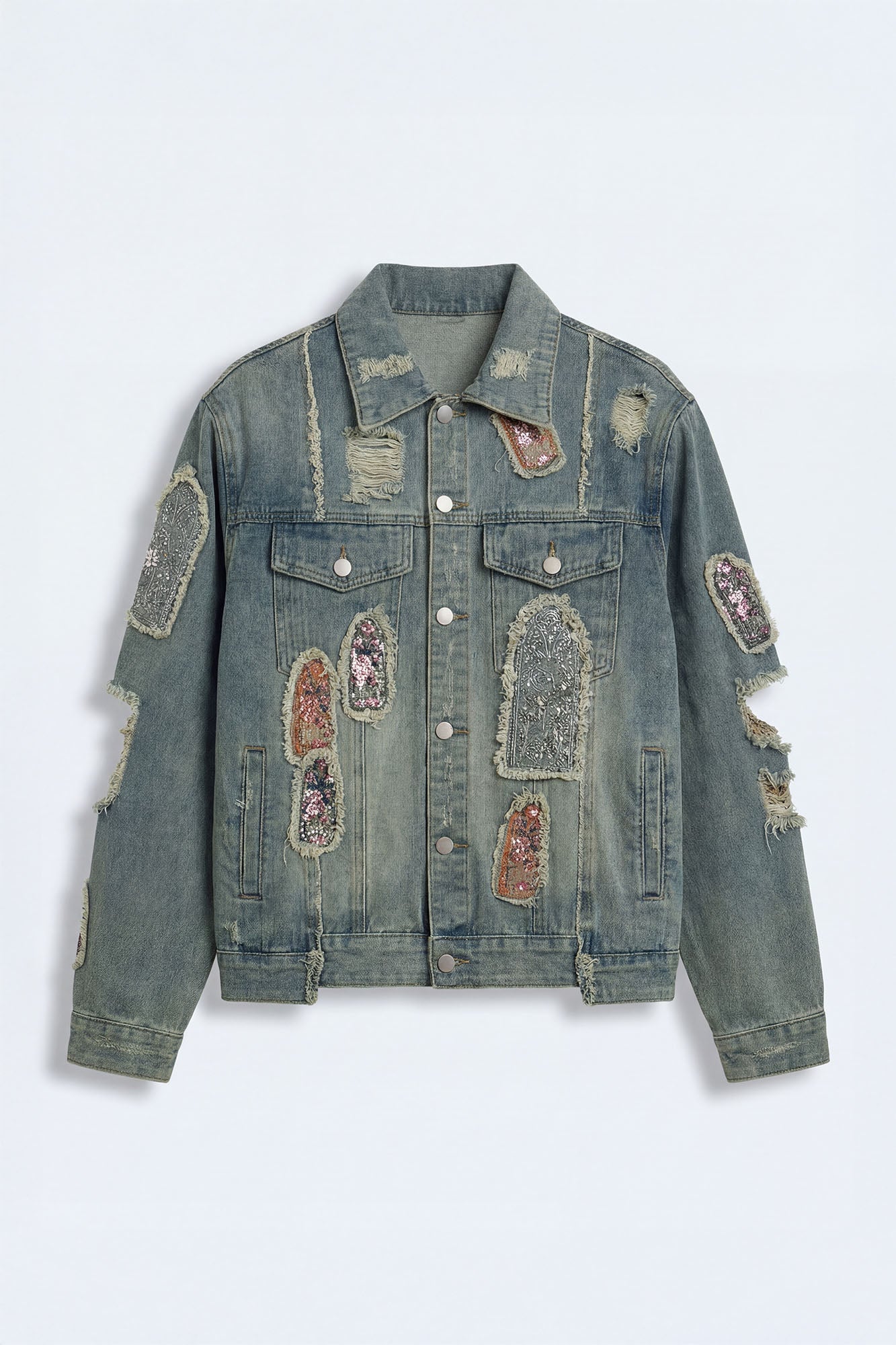 Holy Windows Patched Distressed Denim Trucker Jacket - Vintage Blue Wash
