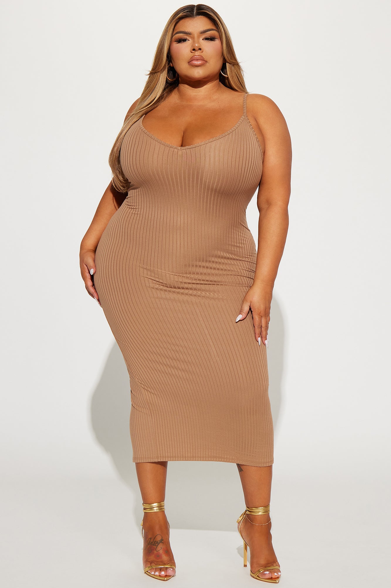 Brenda Ribbed Midi Dress - Taupe