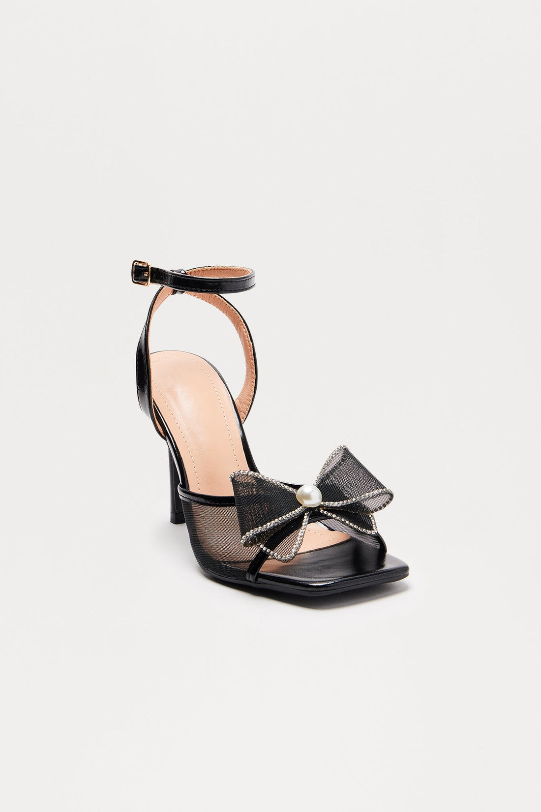 Beller Rhinestone Pearl Bow Heels - Black