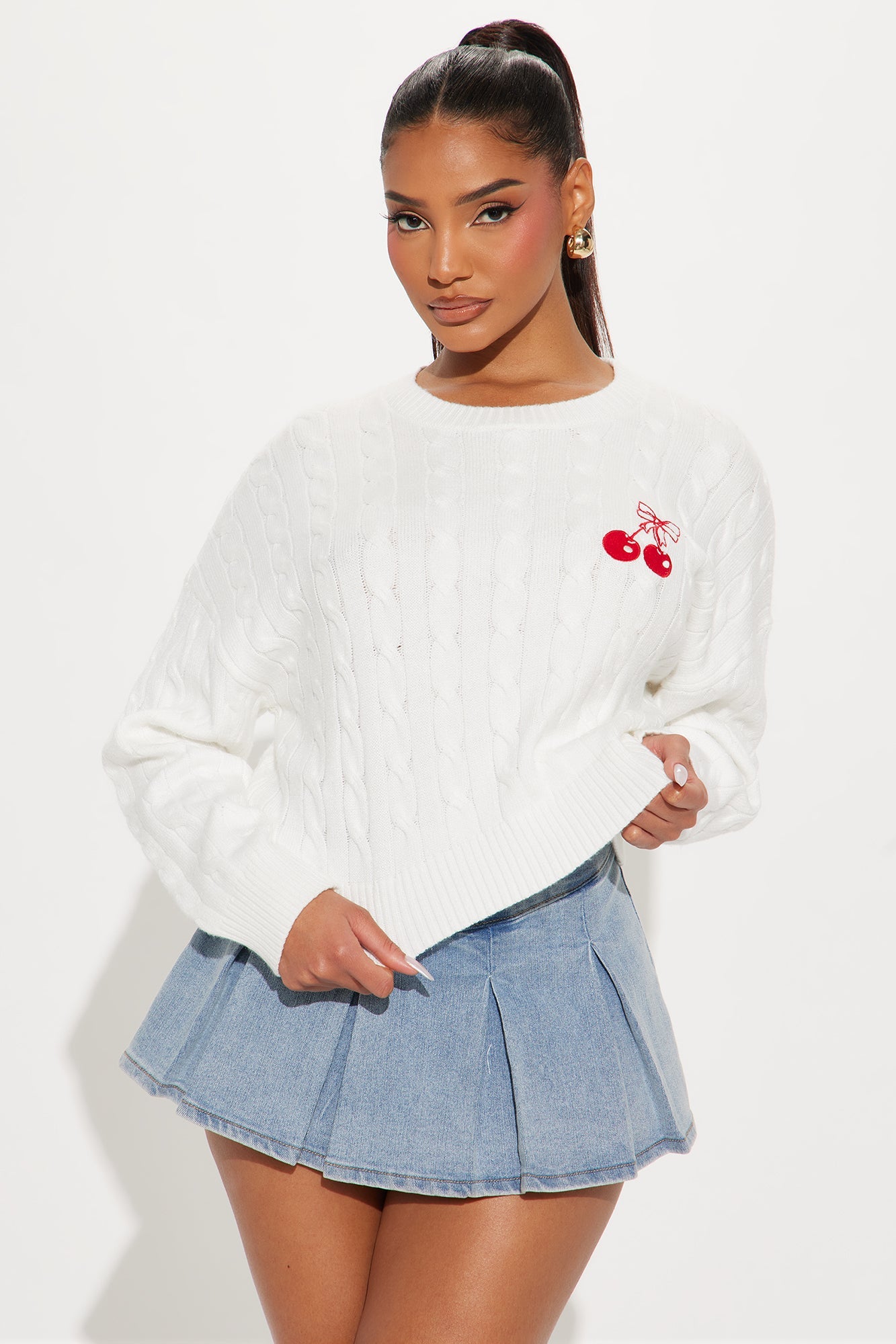 Cutie Bow Cherry Cable Knit Sweater - Ivory