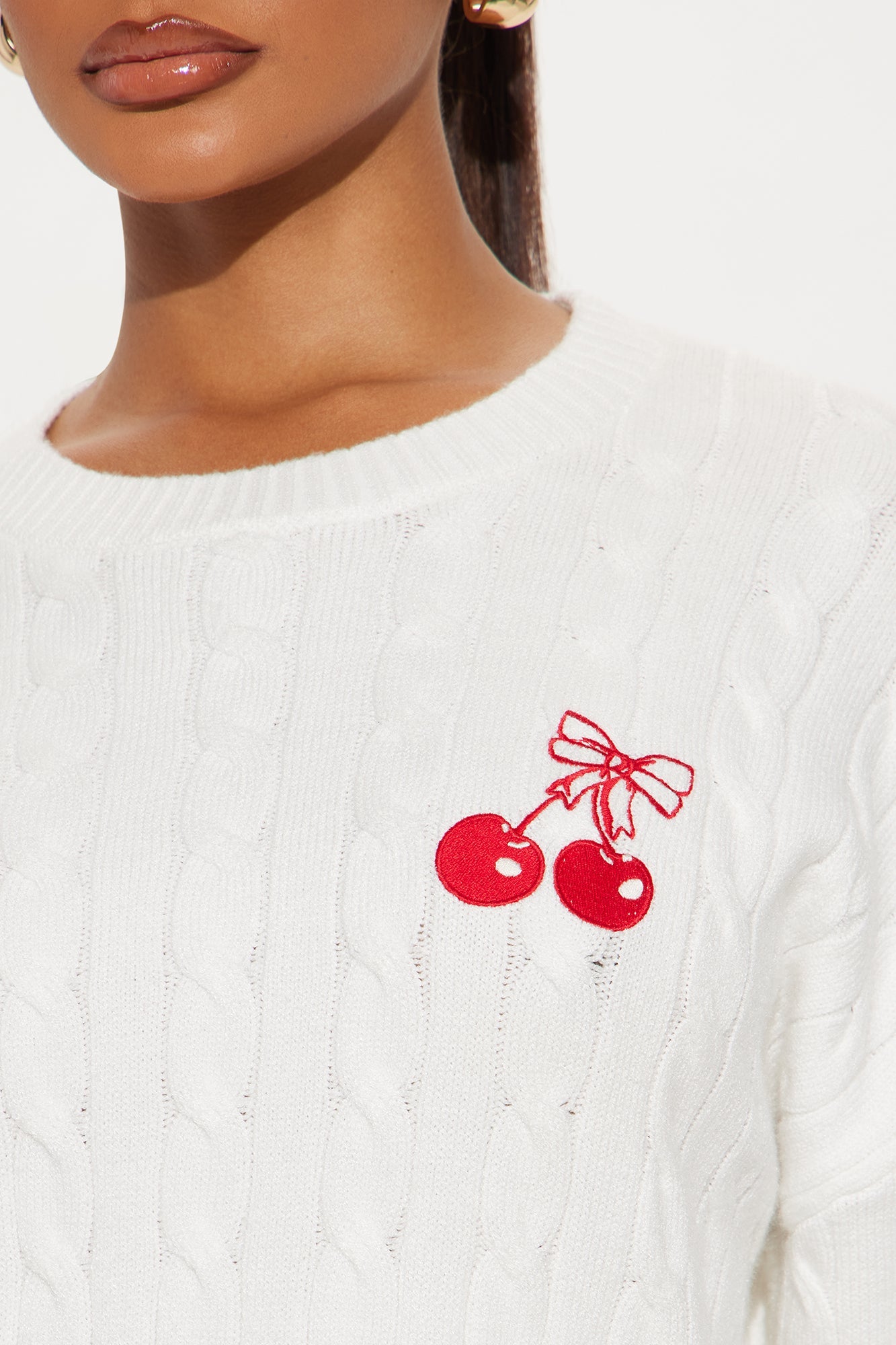 Cutie Bow Cherry Cable Knit Sweater - Ivory
