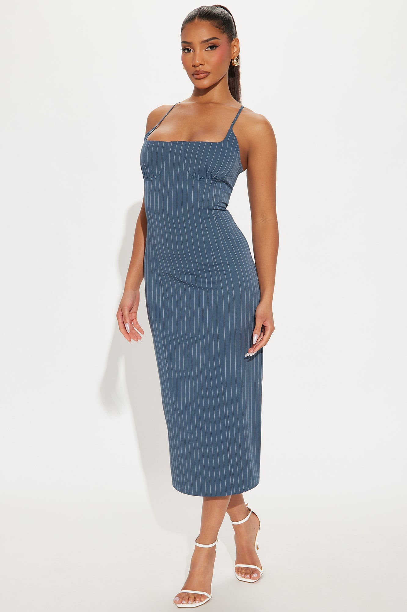 Win Me Over Pinstripe Midi Dress - Blue