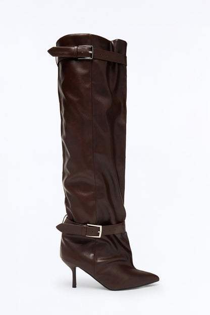 Birger Buckle Thigh High Boots - Brown
