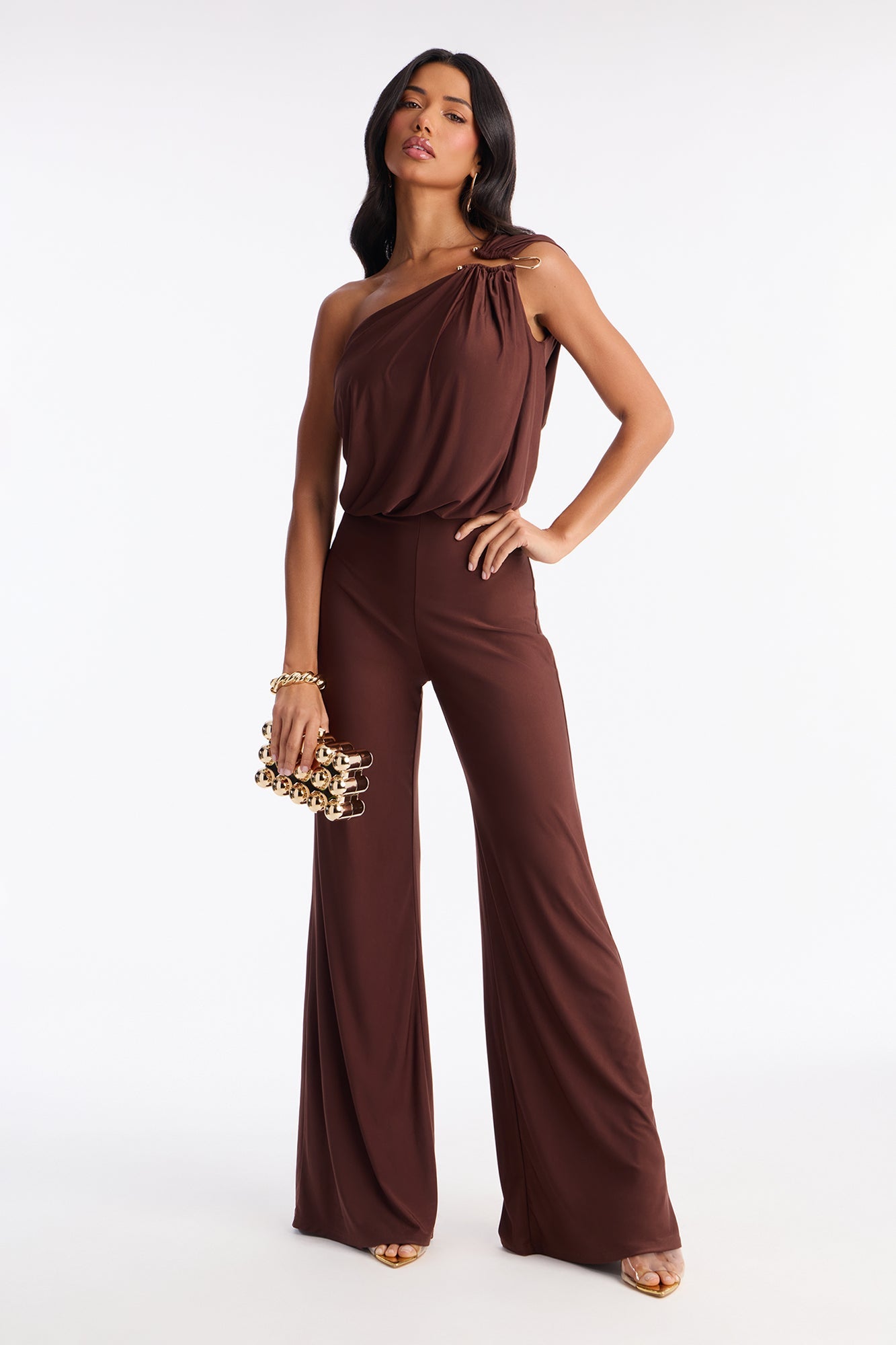 Girls That Brunch One Shoulder Wide Leg Jumpsuit - Chocolate
