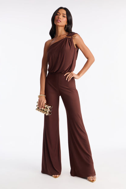 Girls That Brunch One Shoulder Wide Leg Jumpsuit - Chocolate