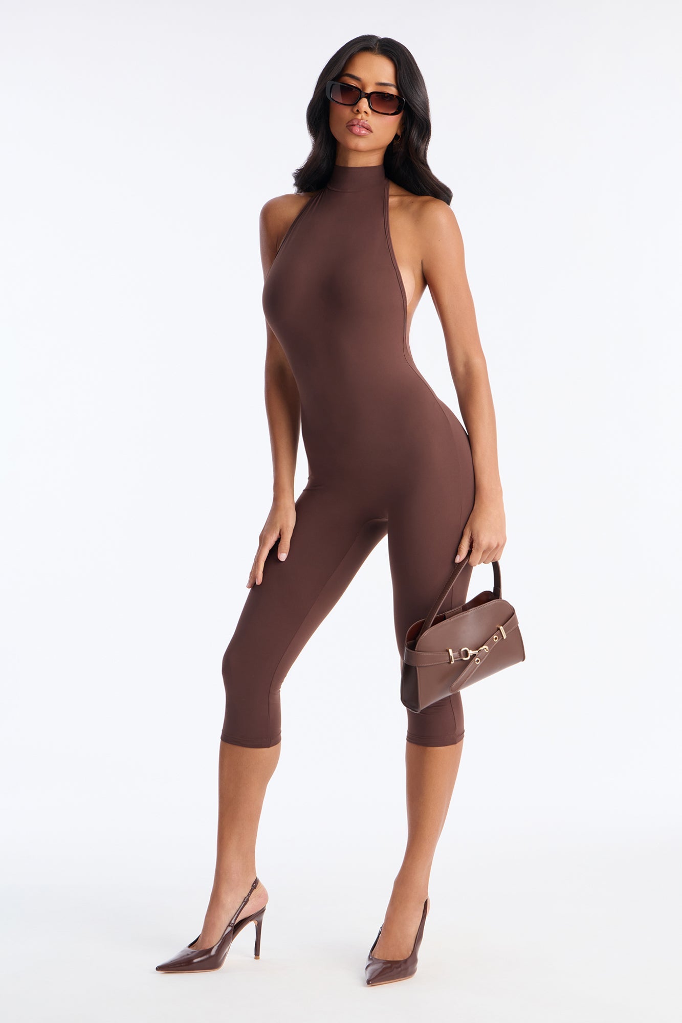Isa High Neck Backless Capri Catsuit - Chocolate
