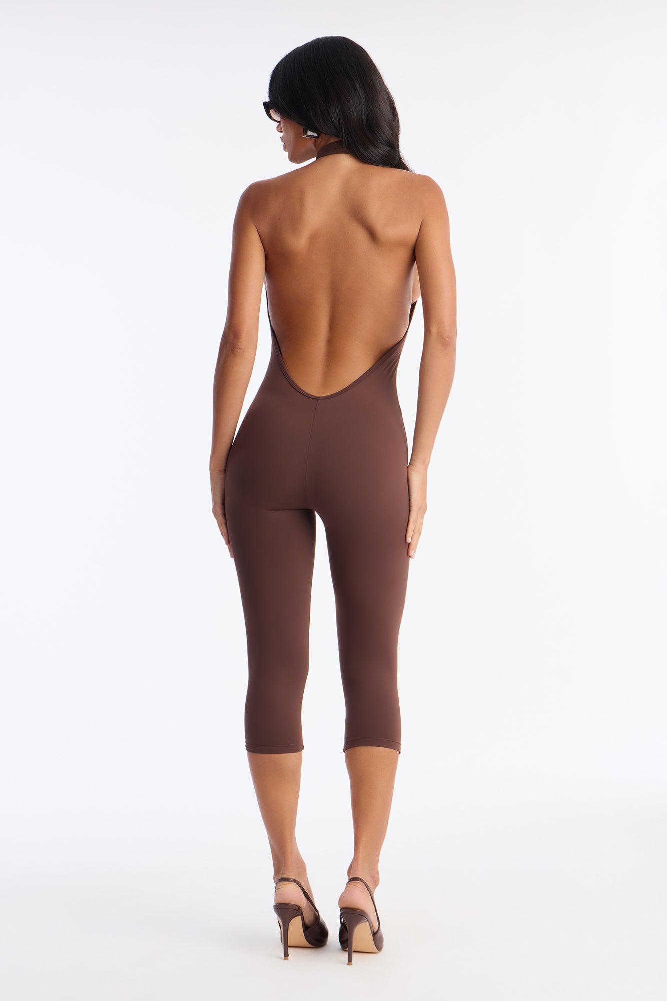 Isa High Neck Backless Capri Catsuit - Chocolate