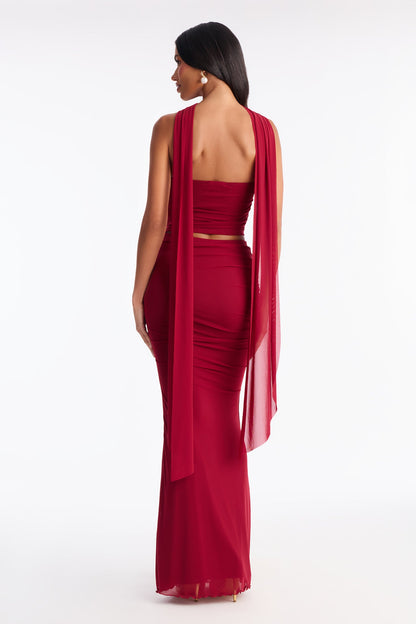 Avery Mesh Corset 3 Piece Maxi Skirt Set - Red