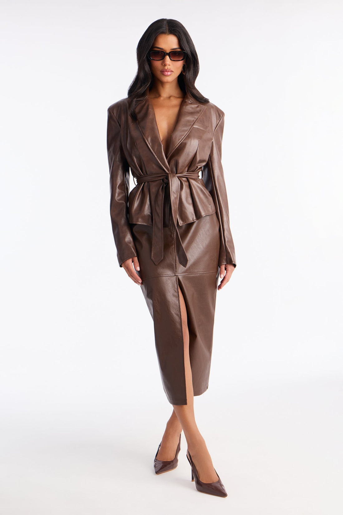 Boss Mentality Tie Waist Faux Leather Blazer - Brown