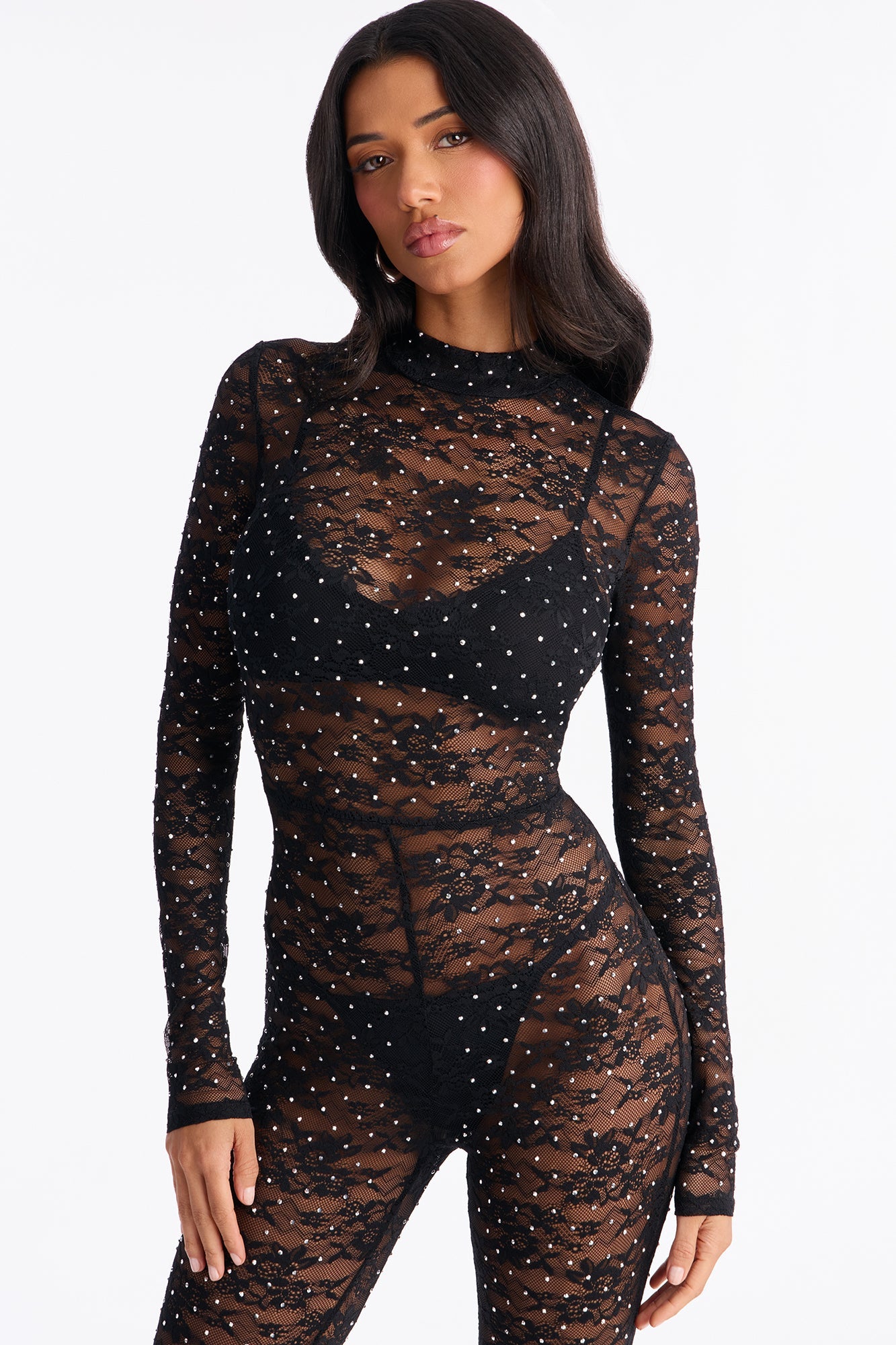 Shakira Lace Rhinestone Skinny Leg Jumpsuit - Black
