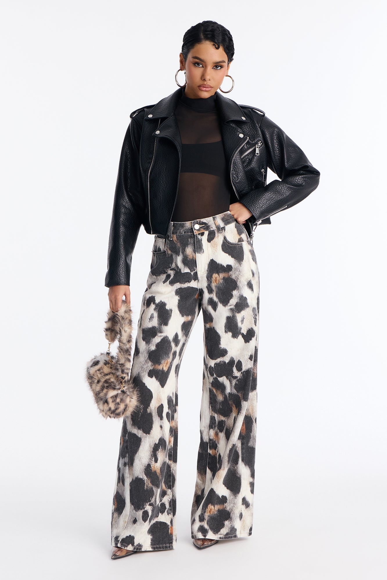 On The Spot Printed Wide Leg Jeans - Cream/combo