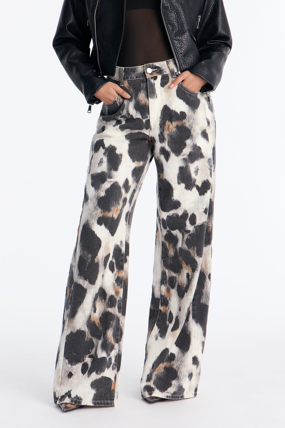 On The Spot Printed Wide Leg Jeans - Cream/combo