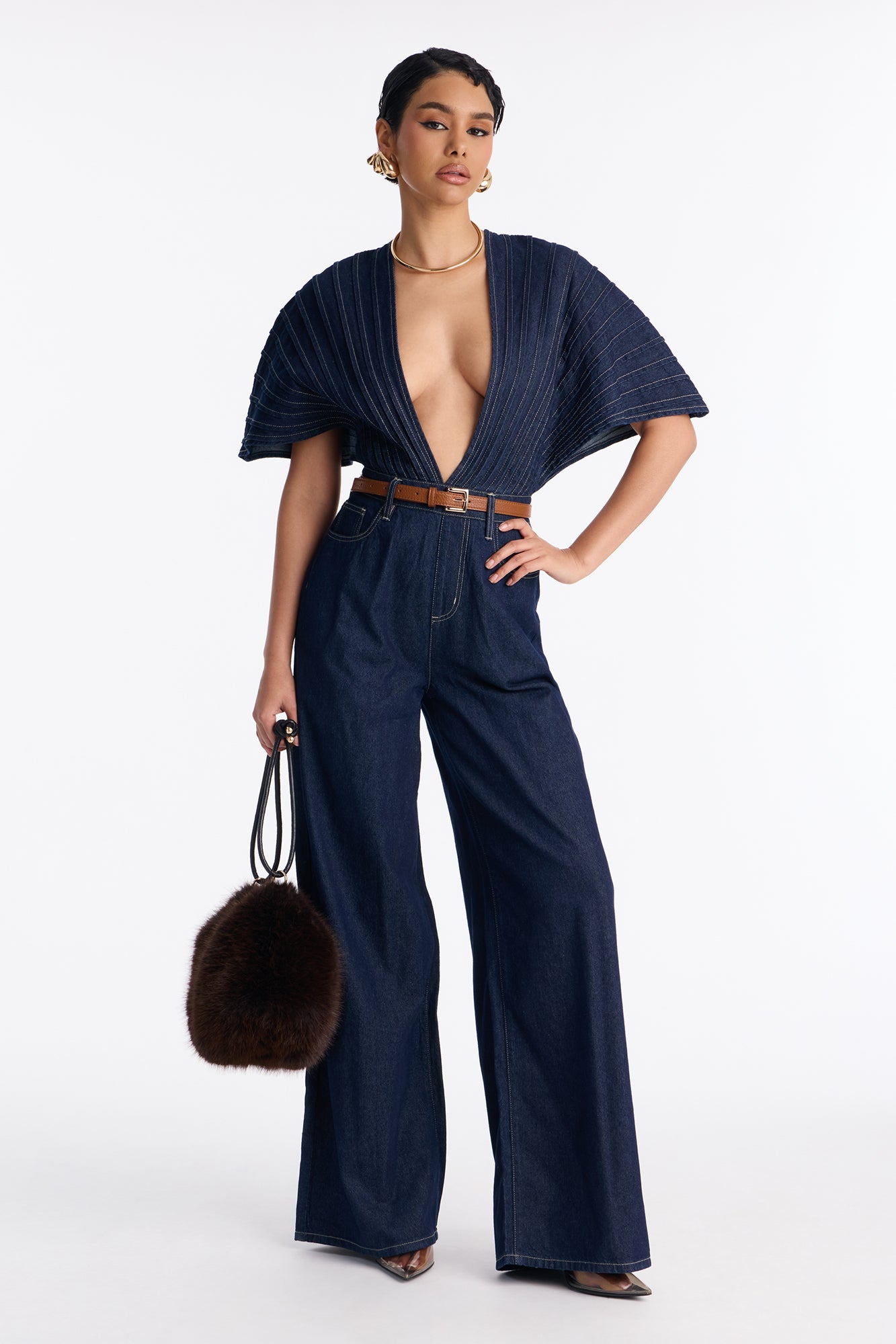 Bella Plunge Neck Denim Jumpsuit - Dark Denim