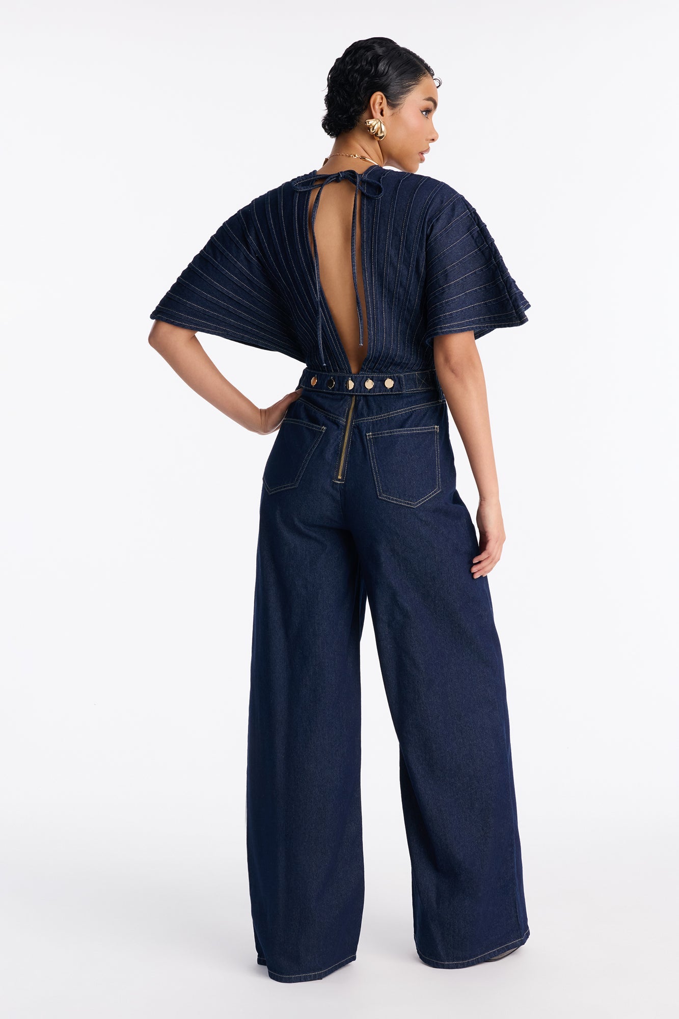Bella Plunge Neck Denim Jumpsuit - Dark Denim