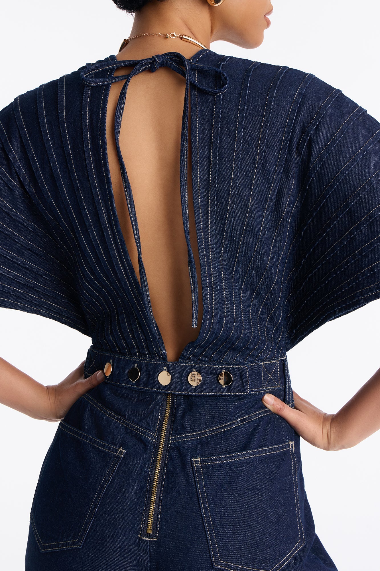 Bella Plunge Neck Denim Jumpsuit - Dark Denim