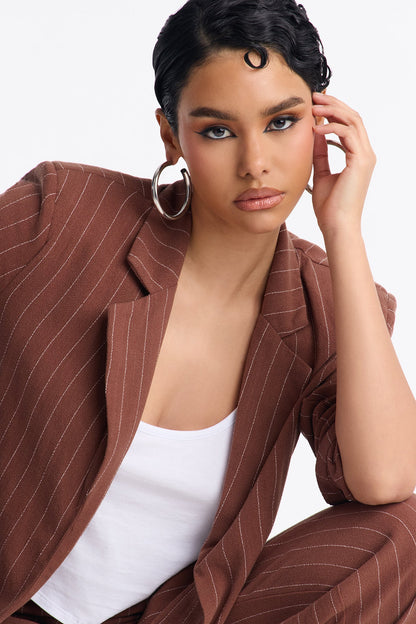 Mila Pinstripe Belted Blazer Pant Set - Brown