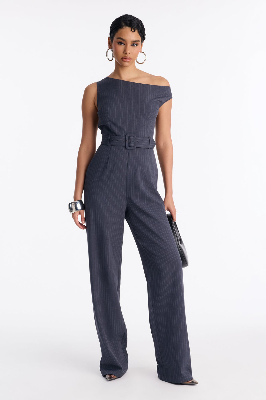 Rylie Pinstripe Belted Jumpsuit - Grey