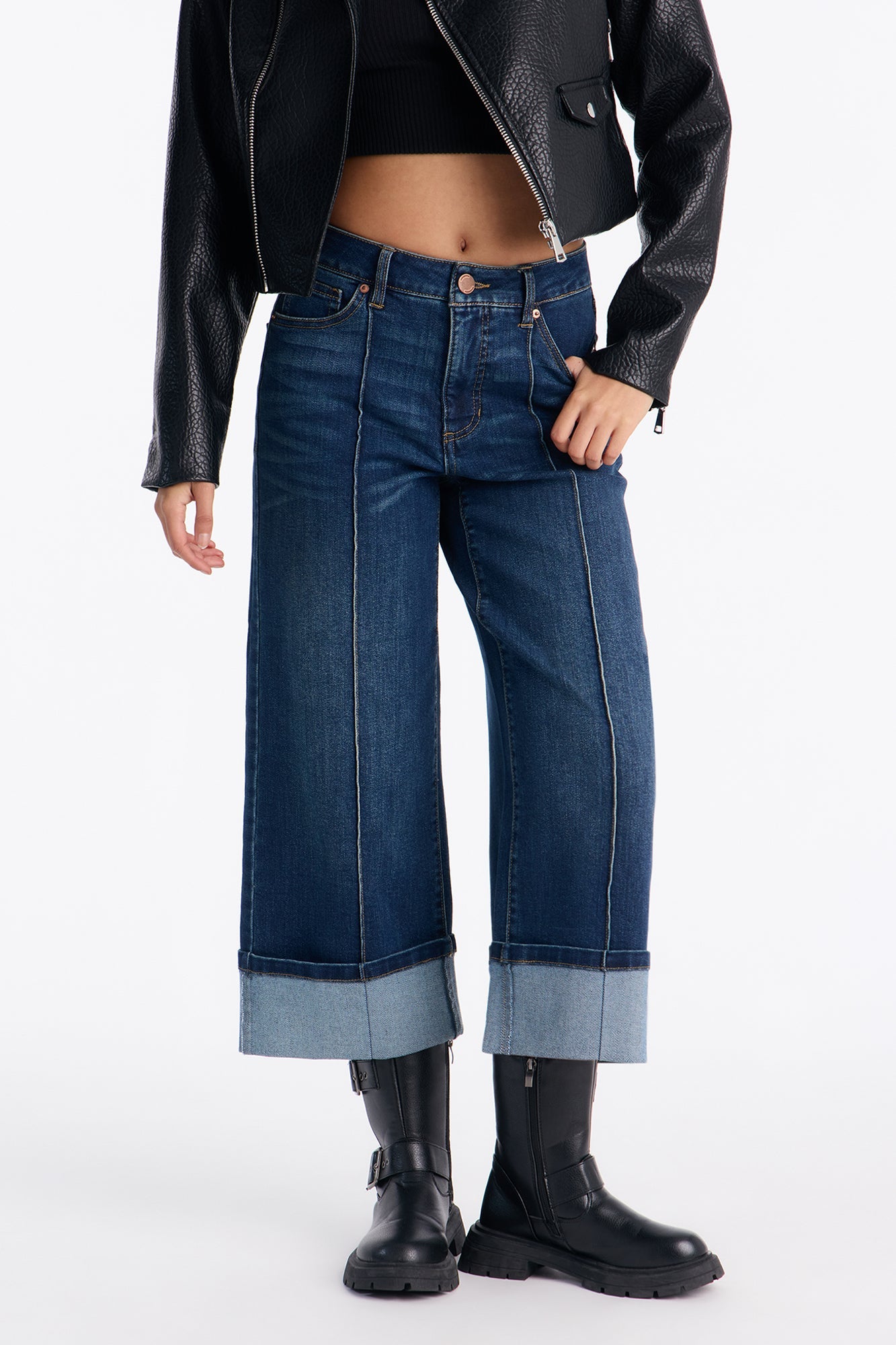 Claire Cuffed Pintuck Jeans - Dark Wash