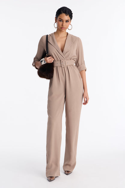 Running Around Belted Straight Leg Jumpsuit - Taupe
