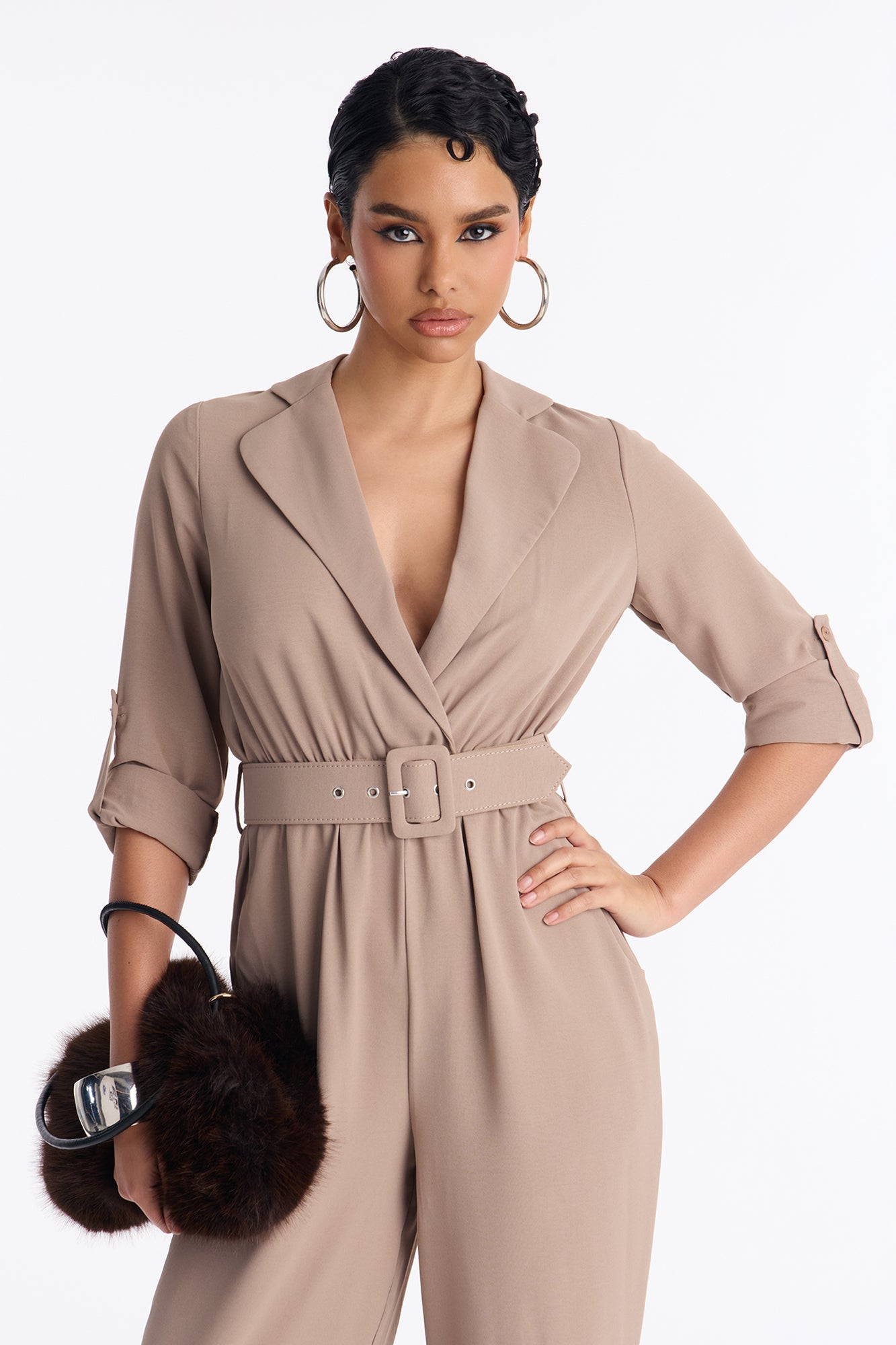Running Around Belted Straight Leg Jumpsuit - Taupe