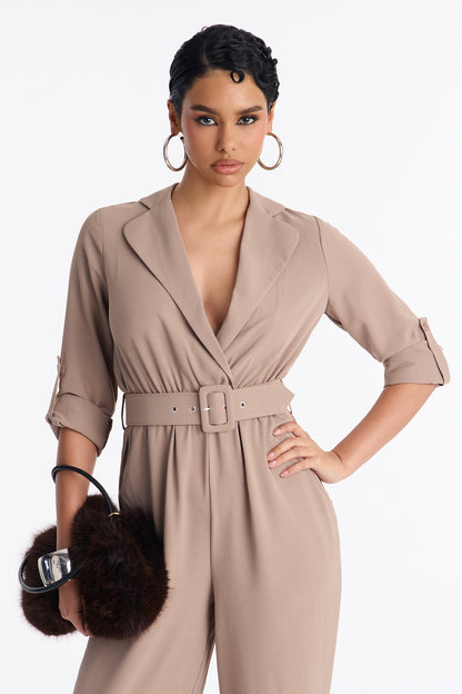 Running Around Belted Straight Leg Jumpsuit - Taupe