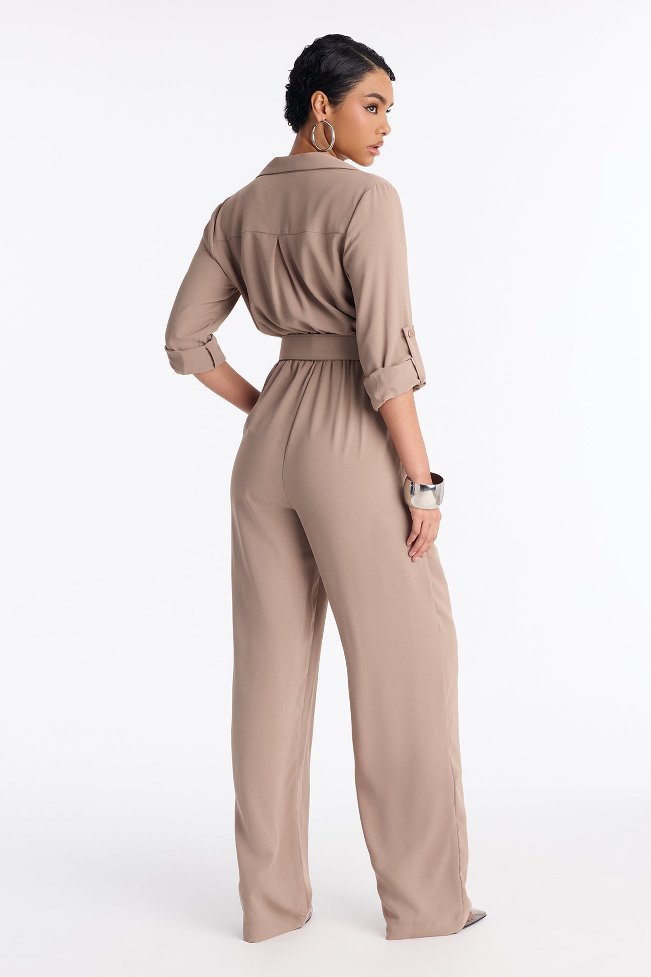 Running Around Belted Straight Leg Jumpsuit - Taupe