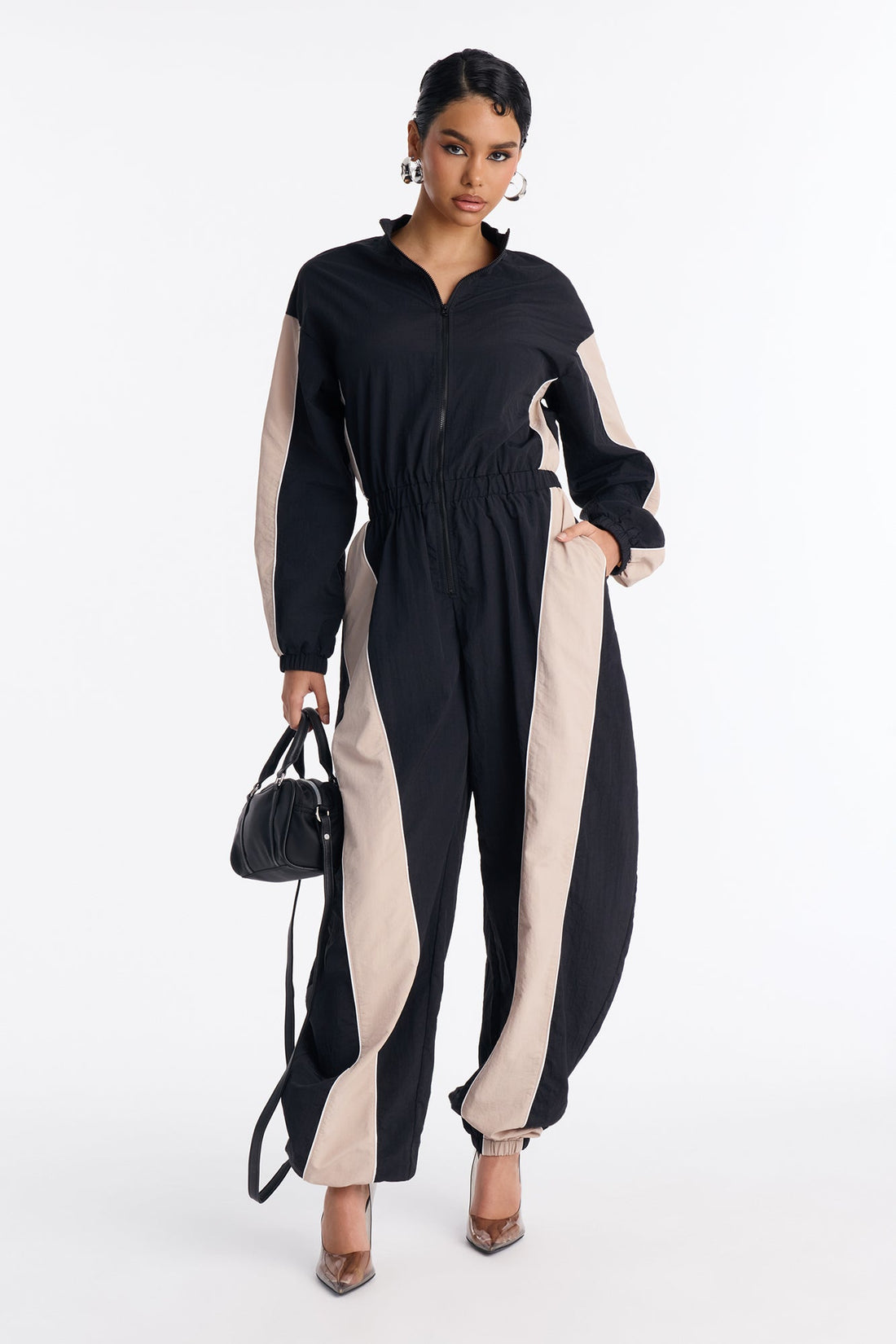 Willow Windbreaker Contrast Trim Jumpsuit - Black/combo