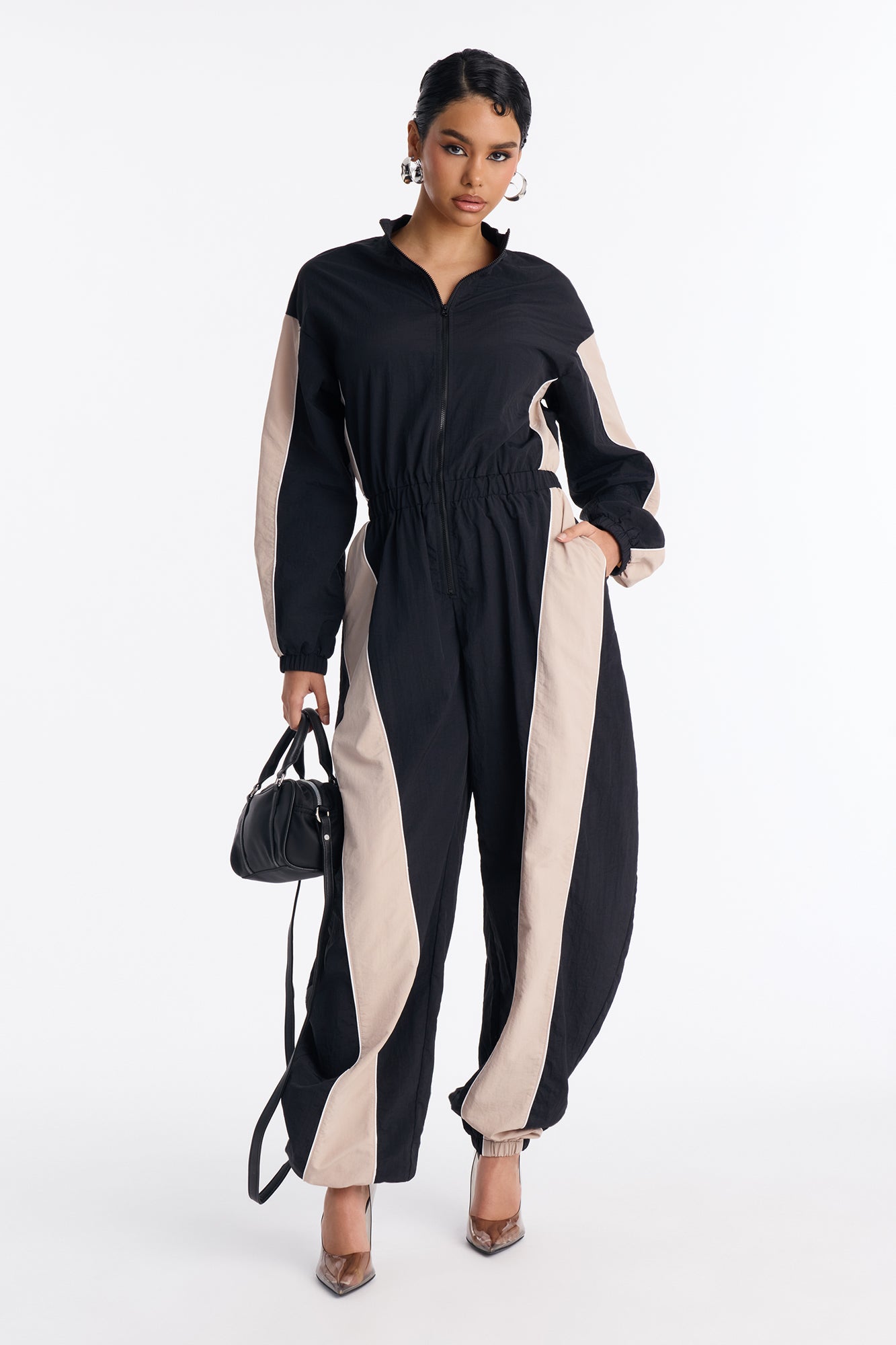 Willow Windbreaker Contrast Trim Jumpsuit - Black/combo