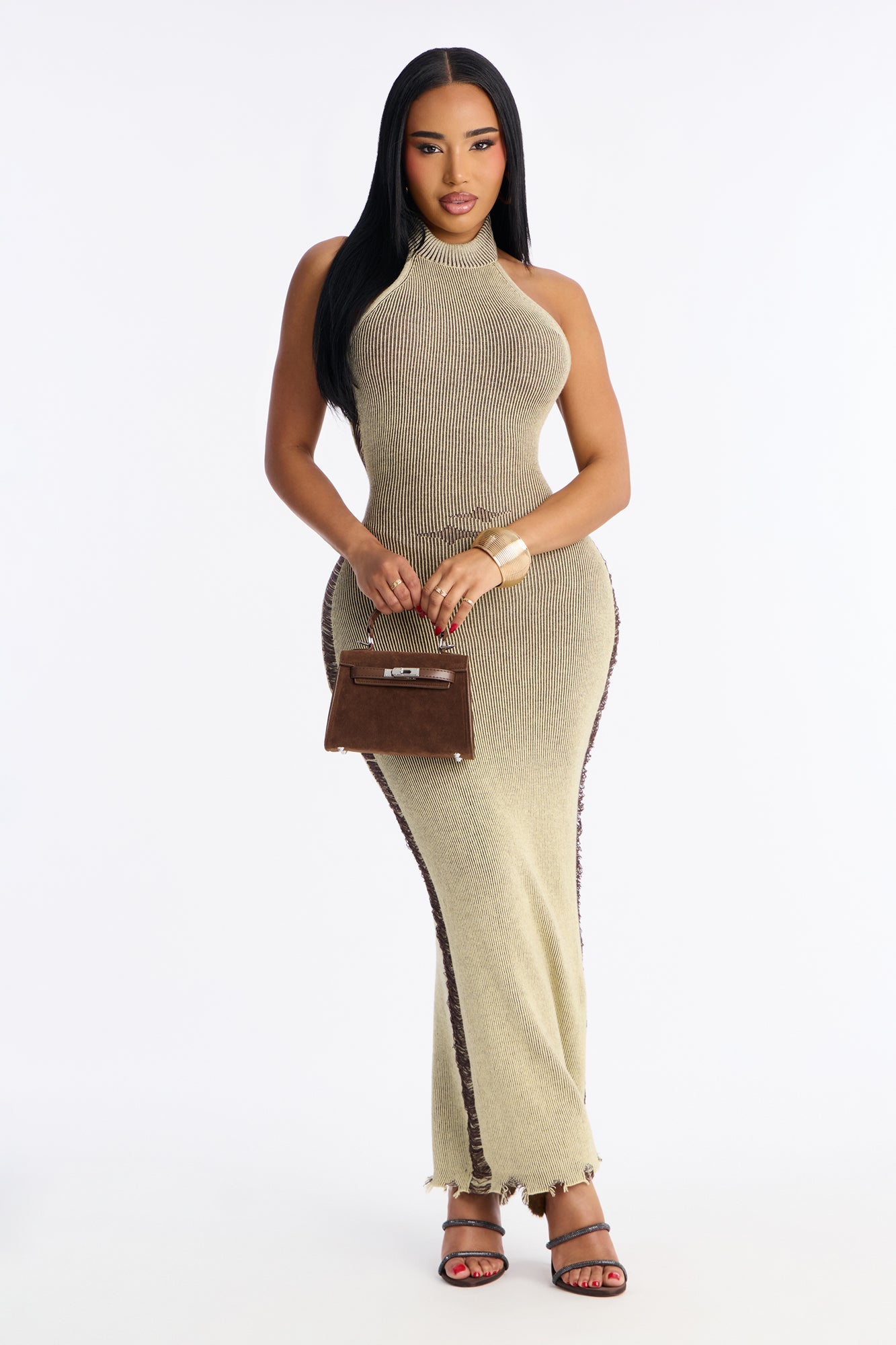 Melrose Distressed Sweater Maxi Dress - Olive/combo