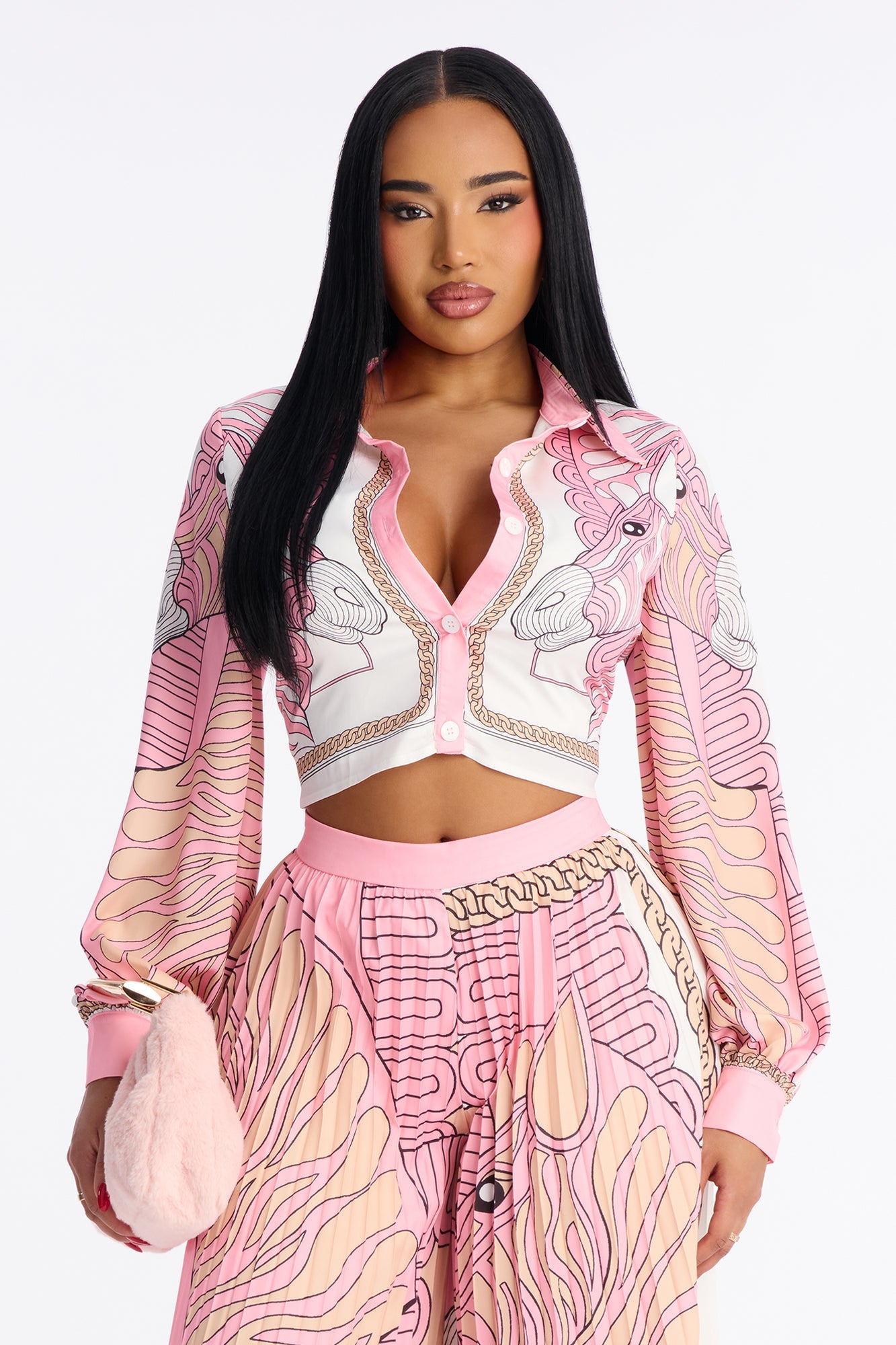 Marlene Satin Pleated Pant Set - Pink/combo