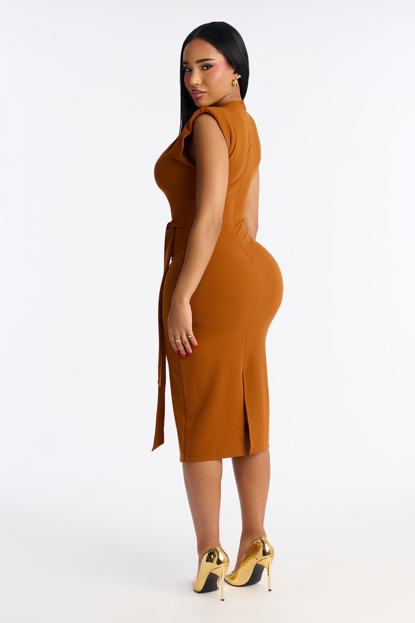 Camilla Tie Waist Midi Dress - Rust