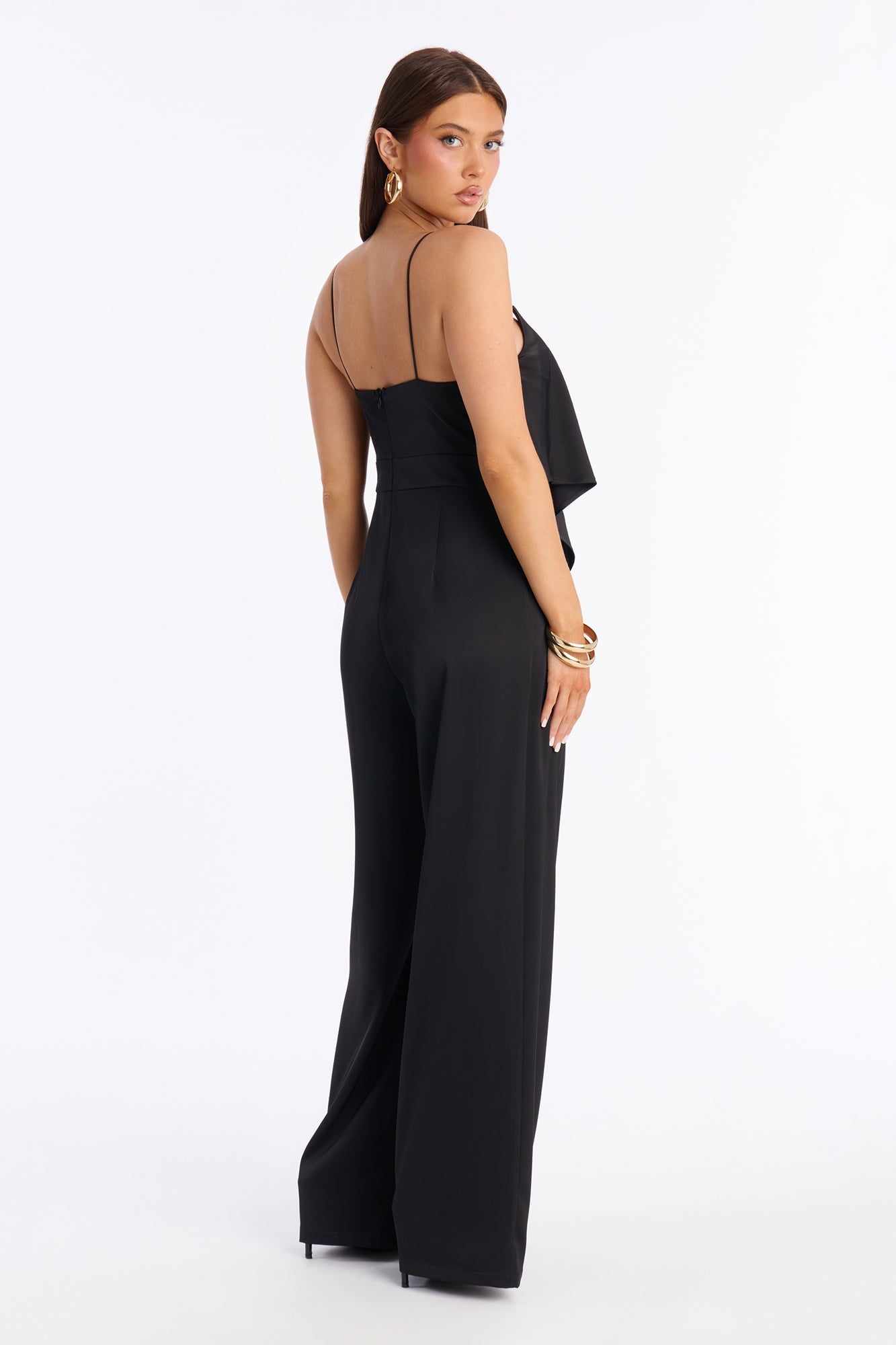 Juna Draped Asymmetrical Satin Jumpsuit - Black