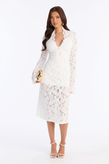 Lace Is More Long Sleeve Lace Midi Dress - White