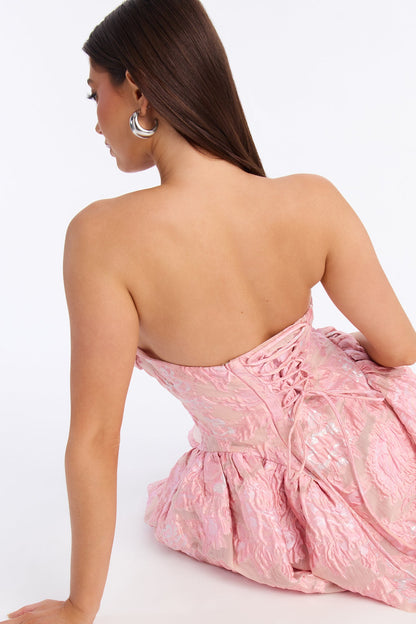 Royal Treatment Strapless Jacquard Mini Dress - Pink