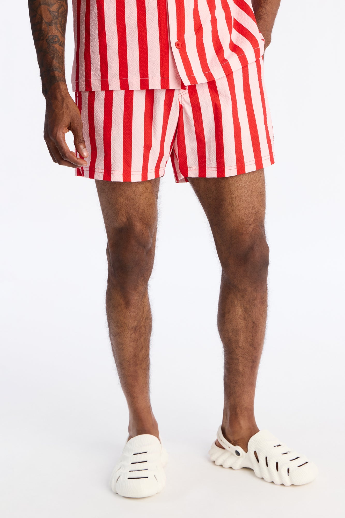 Striped Party Seersucker Swim Trunk 6″ - Red