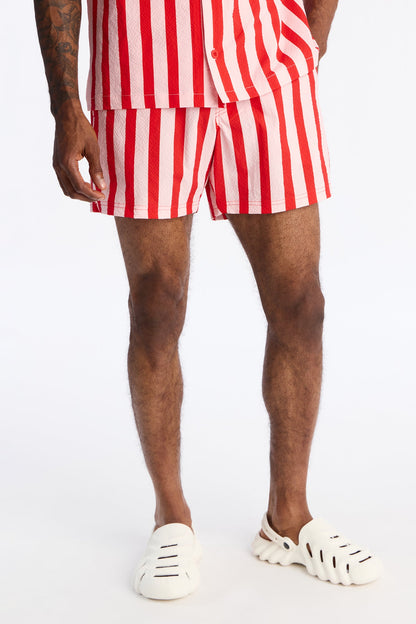 Striped Party Seersucker Swim Trunk 6″ - Red