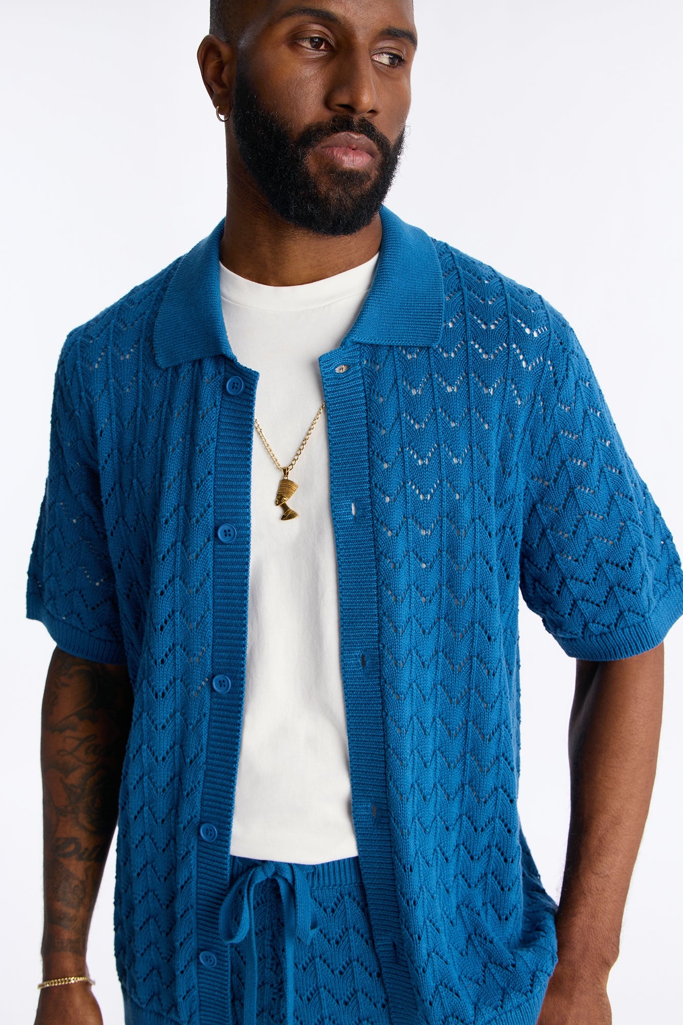 Waterfall Texture Open Knit Shirt - Slate Blue