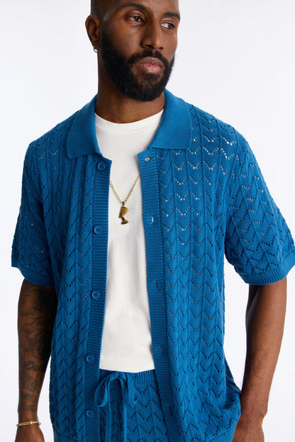 Waterfall Texture Open Knit Shirt - Slate Blue