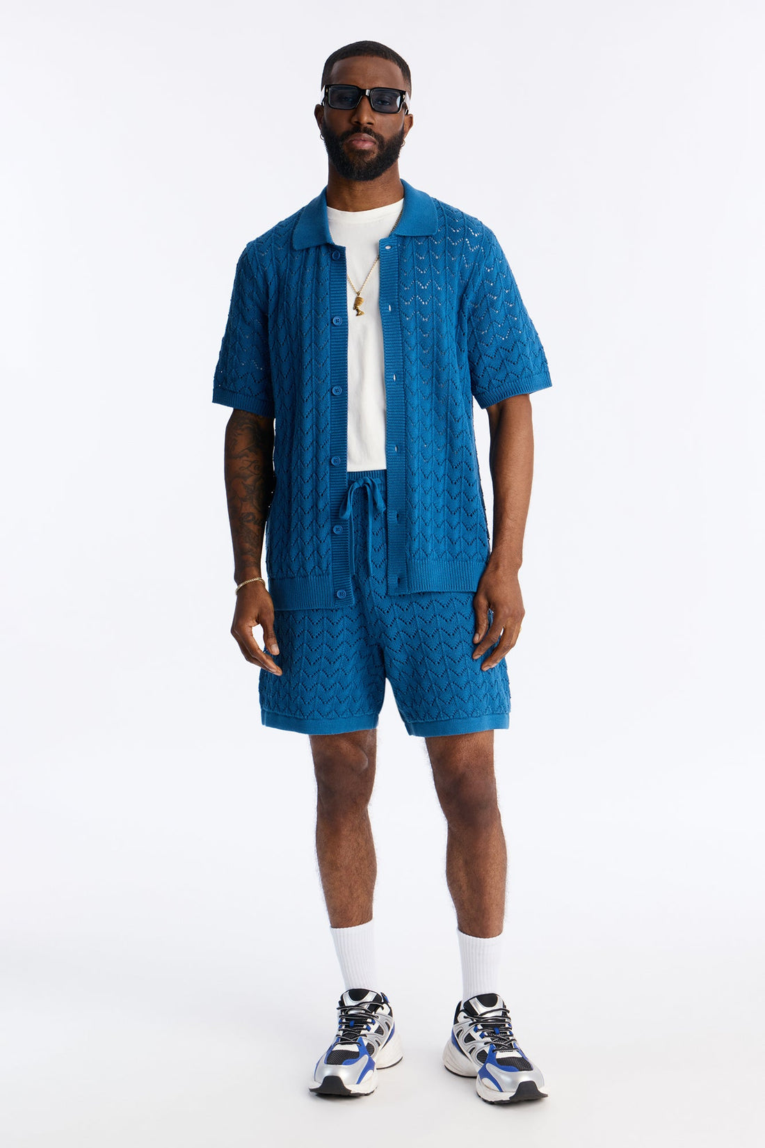 Waterfall Texture Open Knit Shirt - Slate Blue